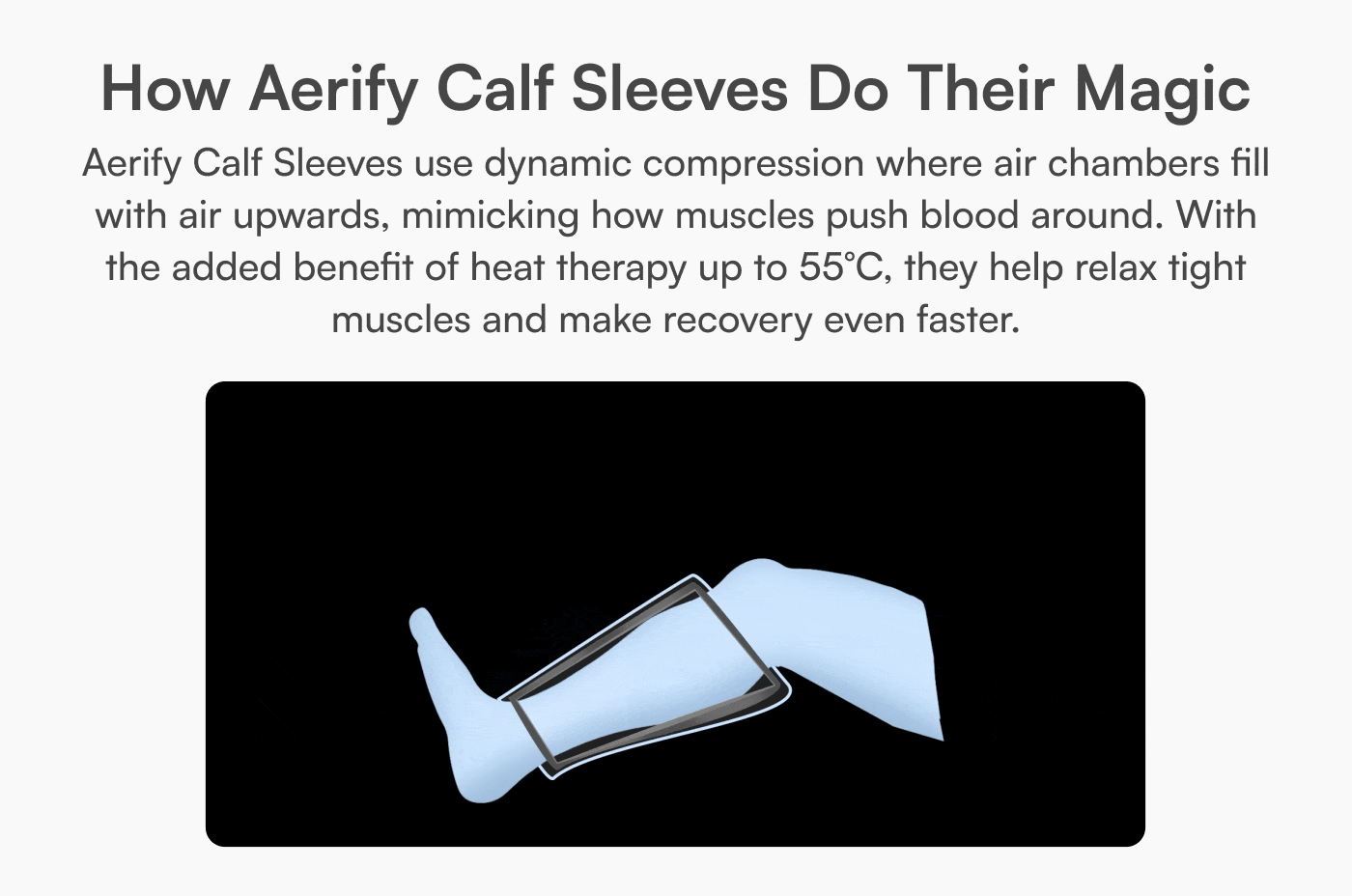 Aerify Recovery wireless air compression calf sleeves showing adjustable compression chambers for heat and massage therapy.