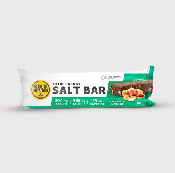 GoldNutrition Total Energy Salt Bar in chocolate peanut flavor, showing the single-serve energy bar with packaging.