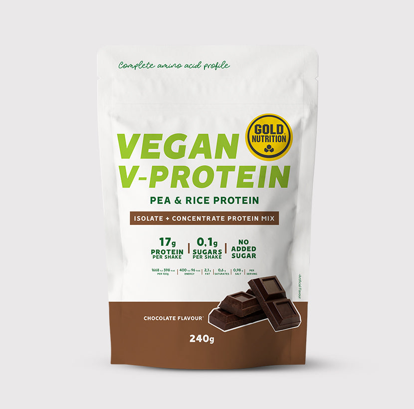 GoldNutrition V-PROTEIN hazelnut flavor in 240g jar, featuring creamy hazelnut powder for protein shakes and smoothies.