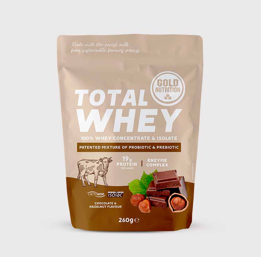 GoldNutrition Total Whey vanilla protein powder 260g jar, creamy textured supplement in a clear container