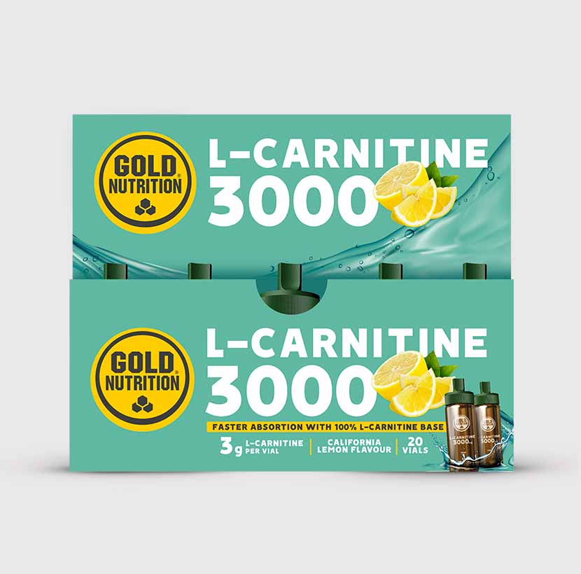 Bottle of GoldNutrition L-CARNITINE 3000 supplement capsules for energy and fat metabolism, with a clear label on the container.