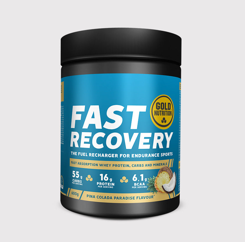 GoldNutrition FAST RECOVERY vitamins and supplements bottle with colorful capsules for muscle and immune support.