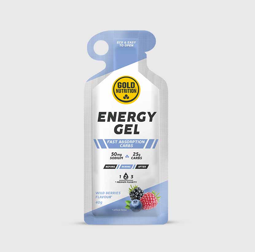 GoldNutrition energy gel packet showing vibrant packaging, designed for quick vitamin and supplement intake during physical activity.
