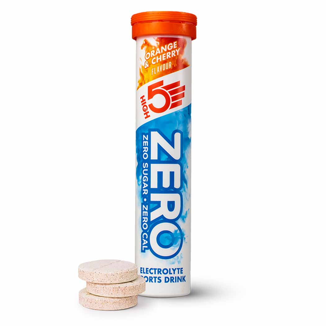 High5 ZERO Electrolyte Drink tube showing 20 servings, citrus flavor, with colorful packaging and image of the electrolyte powder.