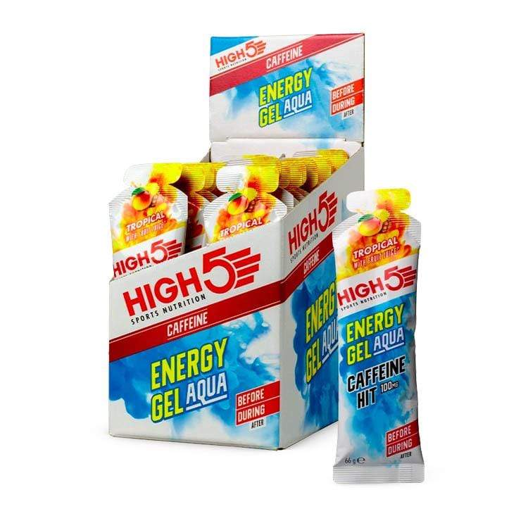 High5 Energy Gel Aqua Caffeine Hit pouch with blue packaging, showing the gel inside, designed for quick energy and hydration during activity.
