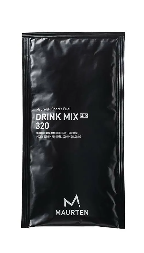 Maurten Drink Mix 320 packet with powder for sports hydration and energy, featuring sleek packaging and branded design.