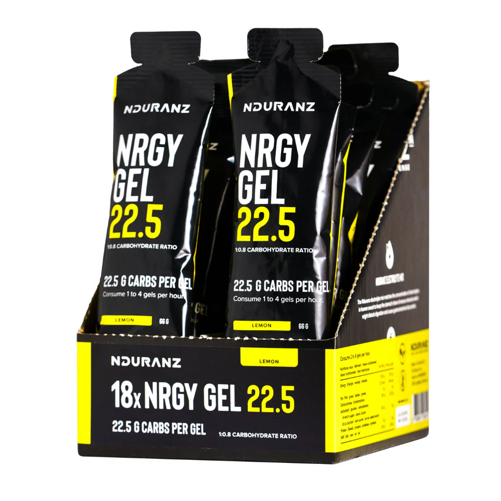 Nduranz Energy Gel 22.5 in a small portable packet, designed for quick energy boost during sports or outdoor activities.