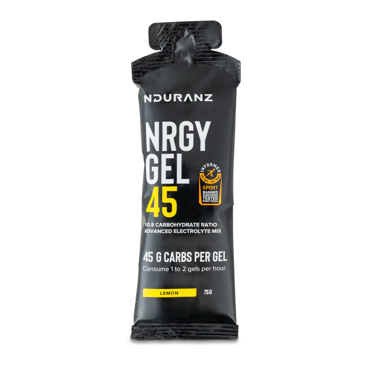 Nduranz Energy Gel 45 in a small, portable packet, ready for athletes to boost energy during workouts or races.