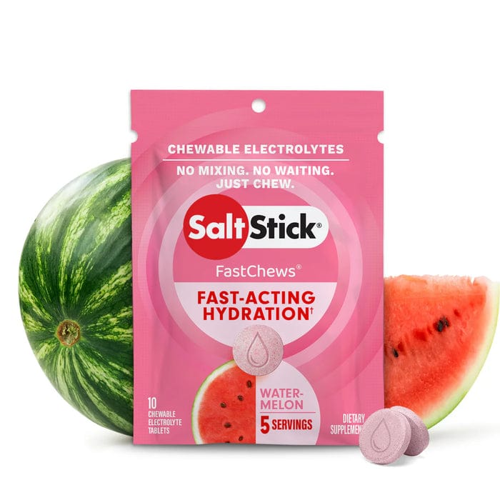 SaltStick Fastchews electrolyte supplements showing orange and white chewable tablets with branding visible