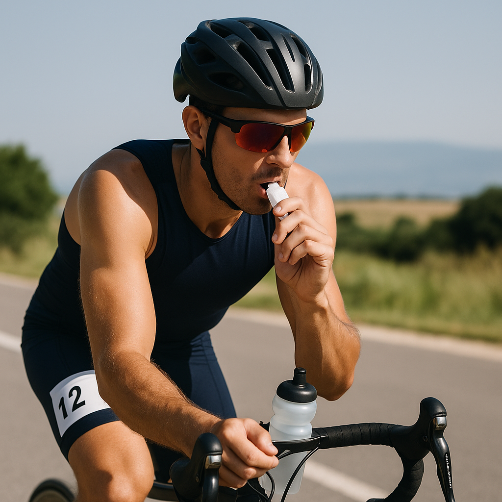 Triathlete fueling on the bike leg of a 70.3 race with energy gel and hydration