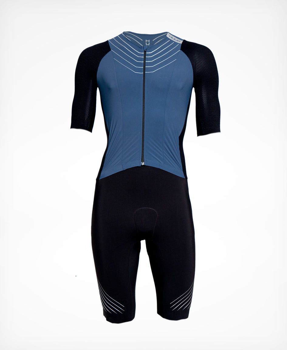 HUUB Pinnacle Tri Suit Men’s – Clay, Steel Blue, open zip aero race-fit suit, arms neutral design.