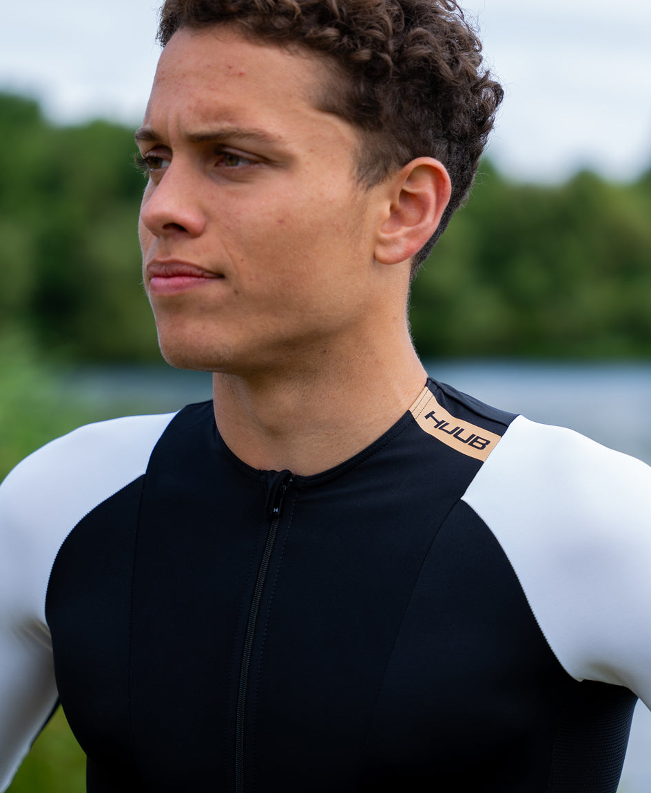 HUUB TC Performance Tri Suit Men’s – Fluo Yellow, Black White, long sleeve, mesh, 3D pad, rear pockets