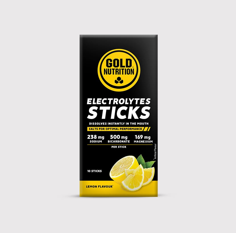 GoldNutrition electrolytes sticks with colorful powder inside a clear packet, designed for hydration and replenishing minerals.
