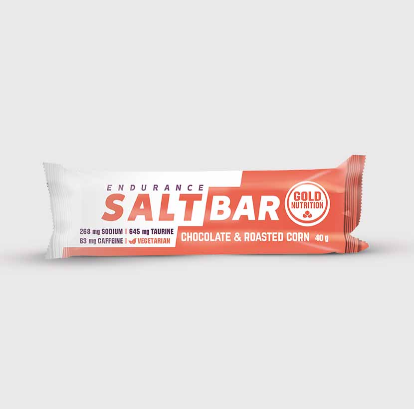 Chocolate peanut GoldNutrition Total Energy Salt Bar showing a single-serve energy bar with chocolate and peanut coating.