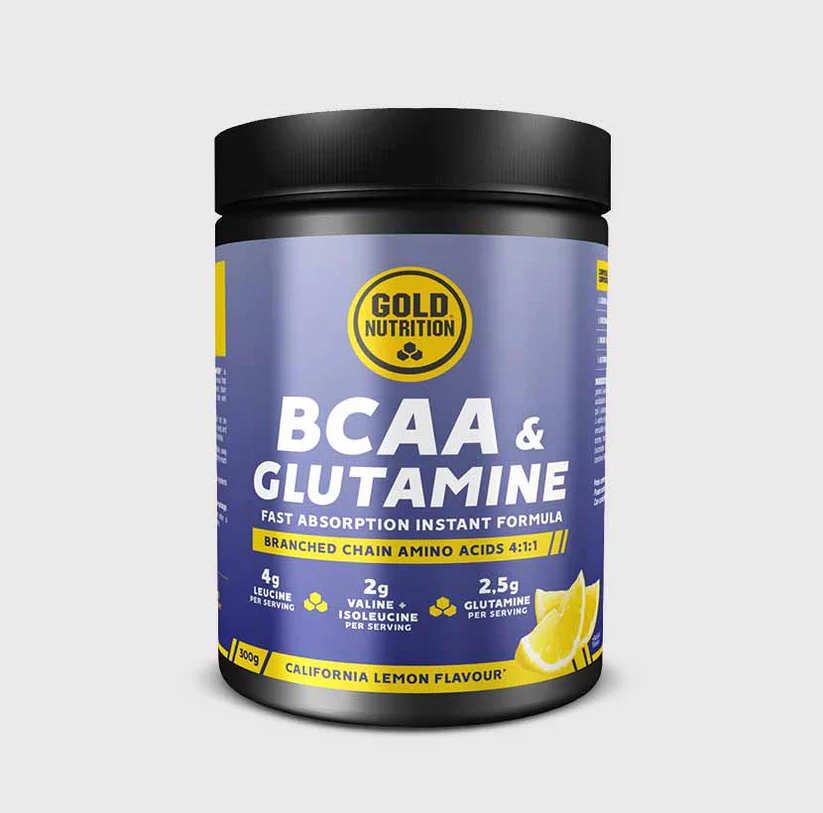 GoldNutrition BCAA and Glutamine Powder in a white container with scoop, showing the supplement powder inside.