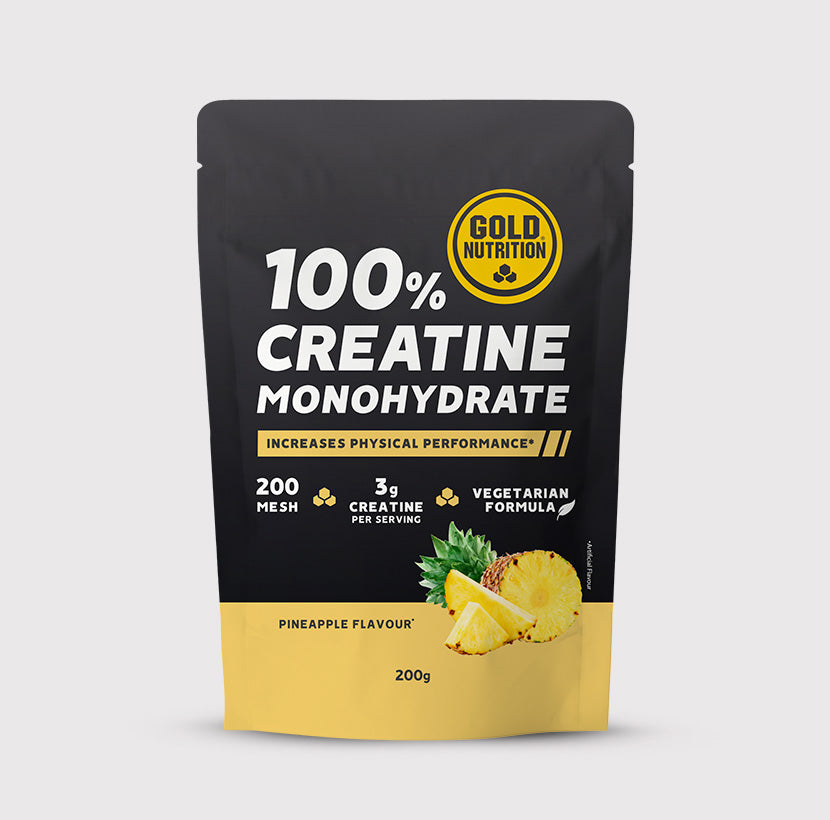 GoldNutrition creatine monohydrate supplement container with label showing supplement details and dosage information.