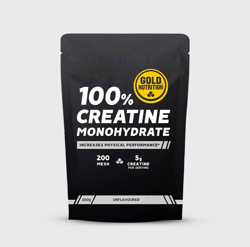 GoldNutrition creatine monohydrate supplement bottle with label, showing the white powder inside and supplement details on the packaging.