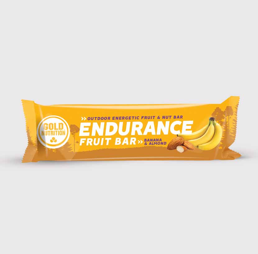 GoldNutrition Endurance Fruit Bar, a healthy vitamin and supplement snack with colorful fruit ingredients and packaging.