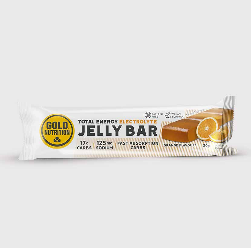 GoldNutrition Jelly Bar vitamin supplement with colorful jelly textures and packaging showing the product name and branding.