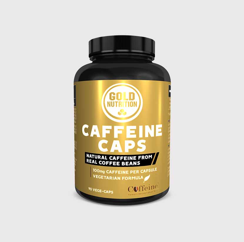 GoldNutrition caffeine capsules, dietary supplement bottles with capsules visible, designed for energy and alertness support.