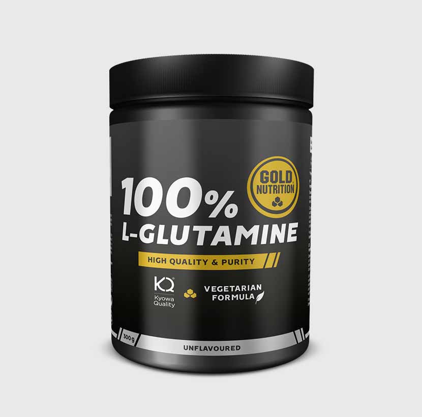 GoldNutrition L-Glutamine Powder supplement in a white container with a green label, shown with the scoop and powder inside.