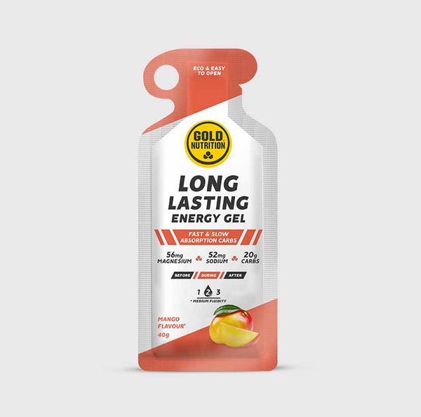 GoldNutrition long lasting gel vitamin supplement in mango flavor, single serve pack, dietary health support.