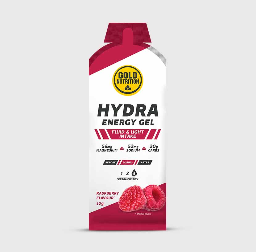GoldNutrition Hydra Gel bottle showing vibrant packaging for vitamins and supplements with a clear label and design.