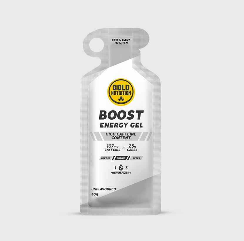 GoldNutrition BOOST PLUS Energy Gel packet showing vibrant packaging with the product name and branding for vitamins and supplements.
