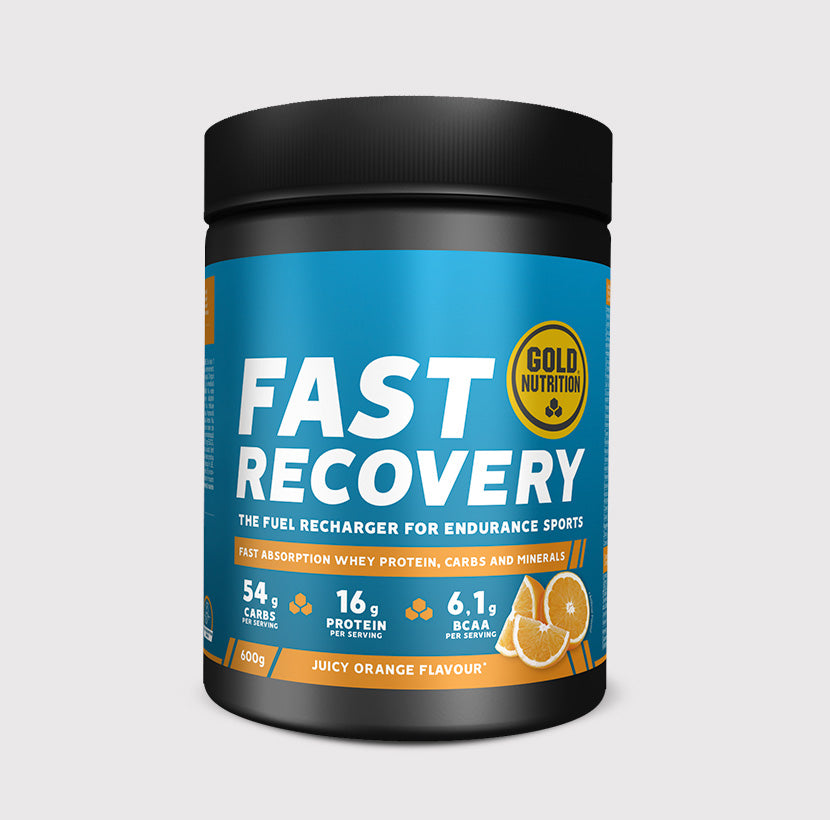 GoldNutrition FAST RECOVERY vitamins and supplements bottle with colorful label and capsules inside, designed for quick post-exercise recovery.