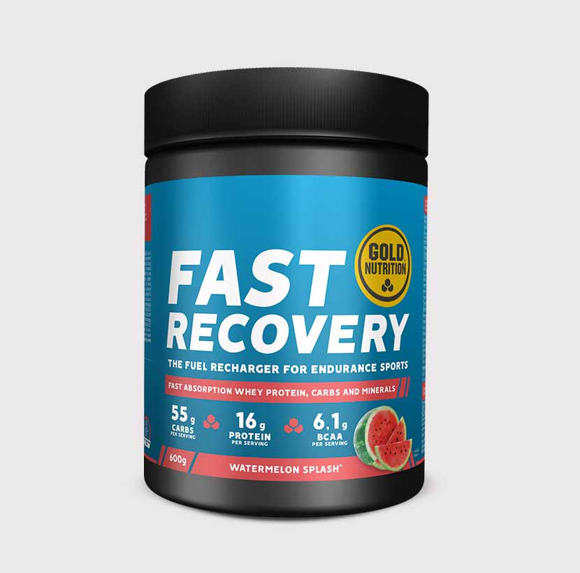 GoldNutrition FAST RECOVERY vitamins and supplements bottle showing nutritional label and supplement capsules inside.
