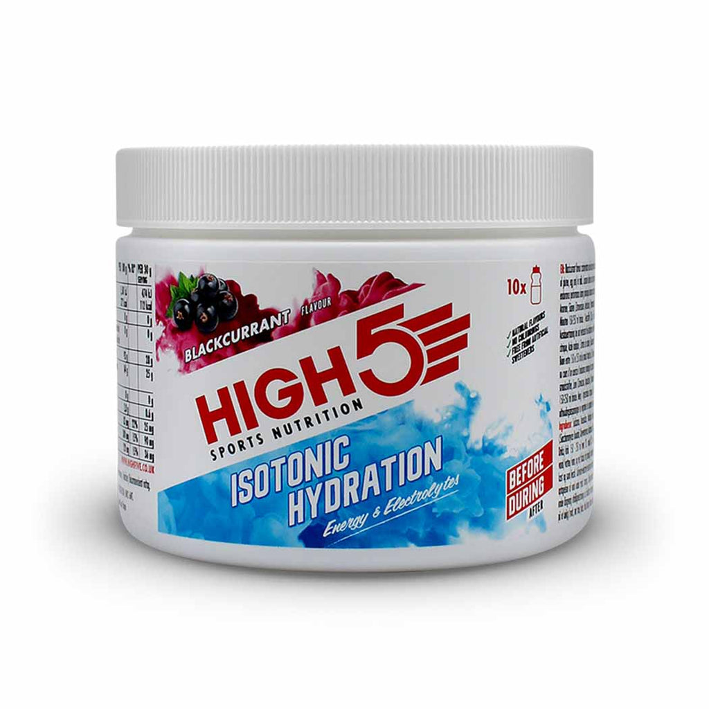 High5 Isotonic Hydration Drink in a clear bottle with a vibrant label, designed for quick electrolyte replenishment during exercise.