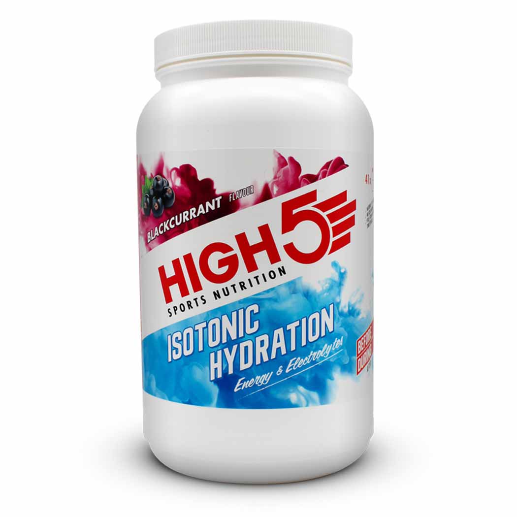 High5 isotonic hydration drink in a clear bottle with a yellow cap, showing the vibrant orange flavored liquid inside.