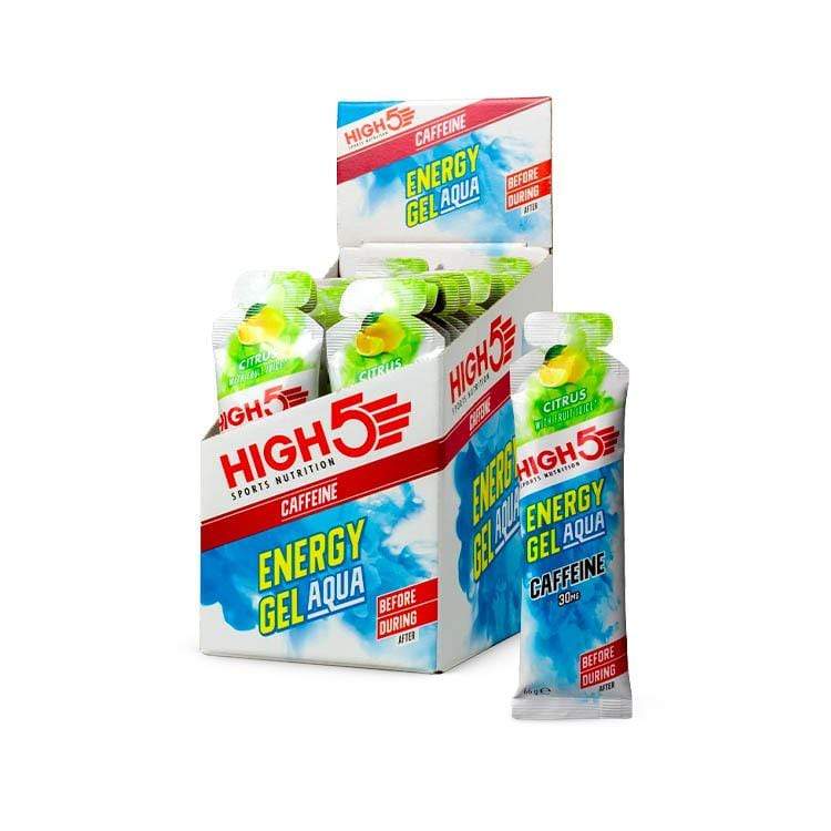 High5 Energy Gel Aqua with Caffeine, portable sports gel in a sealed packet, designed for quick energy boost during exercise.