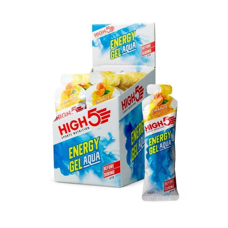High5 Energy Gel Aqua in a squeeze packet, designed for quick hydration and energy boost during sports or outdoor activities.