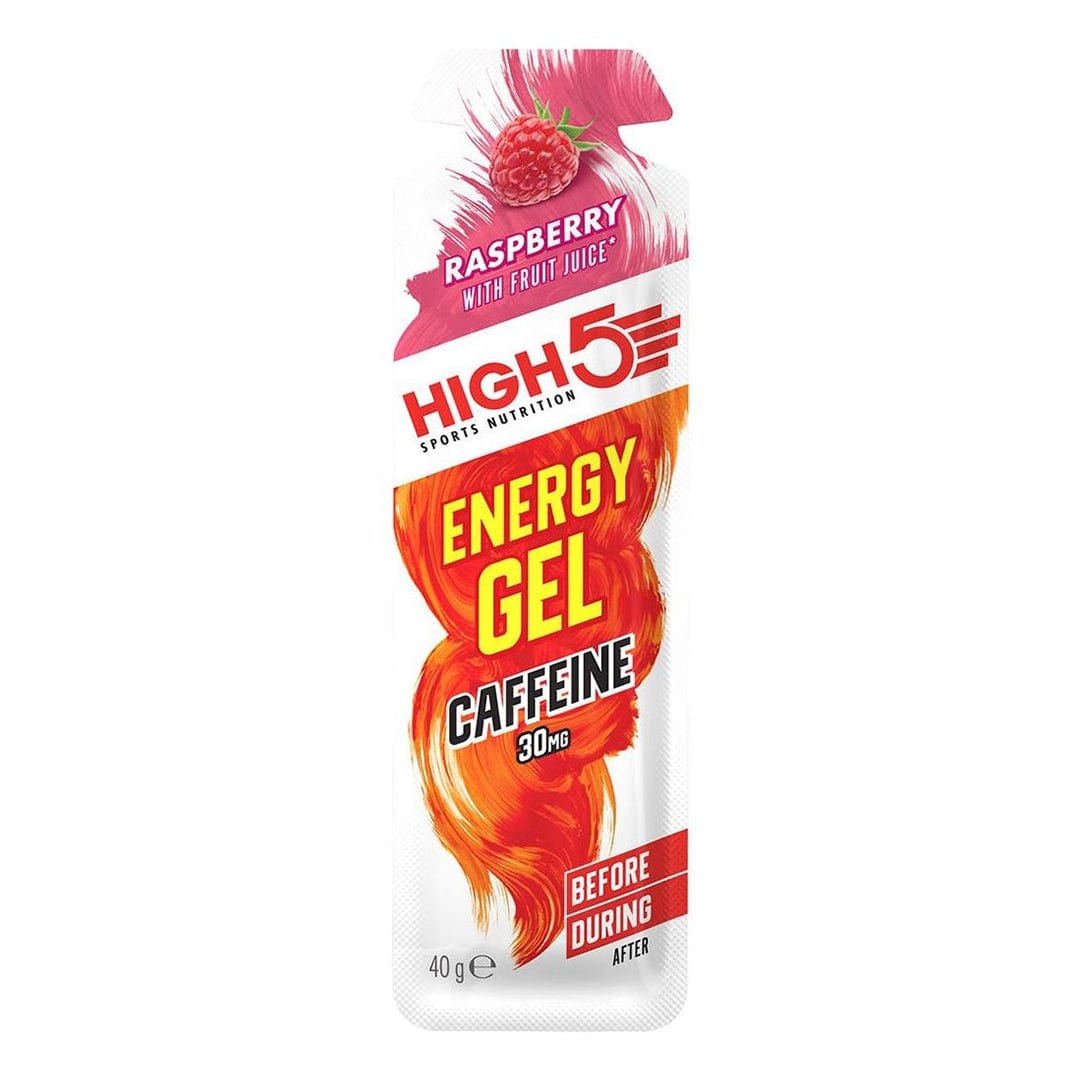 High5 Energy Gel with caffeine, a portable carbohydrate gel in a sealed packet for quick energy boost during exercise.