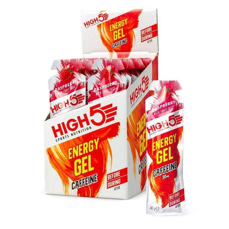 High5 Energy Gel with caffeine, close-up of the gel packet showing branding and flavor details.