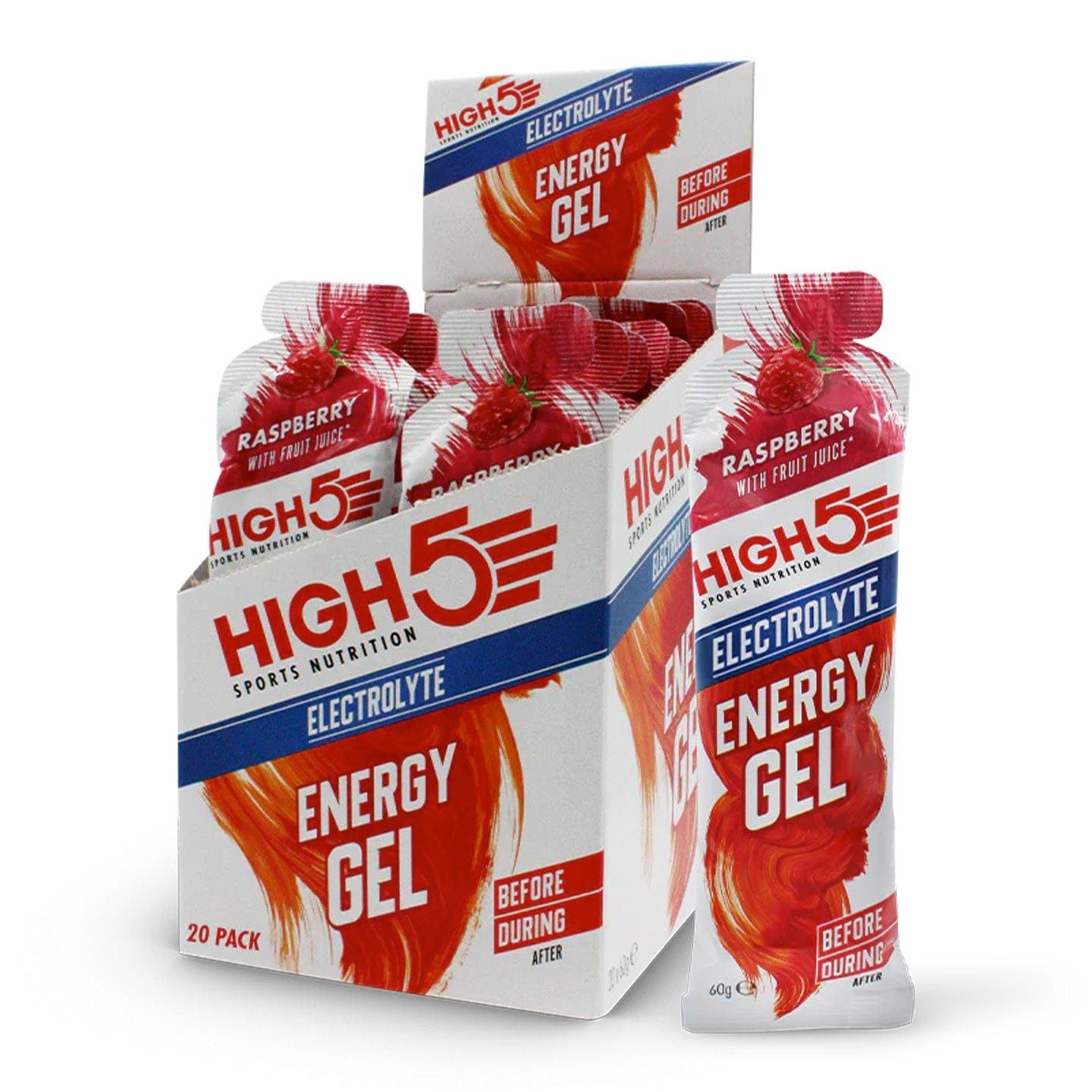 High5 Energy Gel with electrolytes, showing a sleek gel packet and a close-up of the vibrant label, ideal for athletic performance.