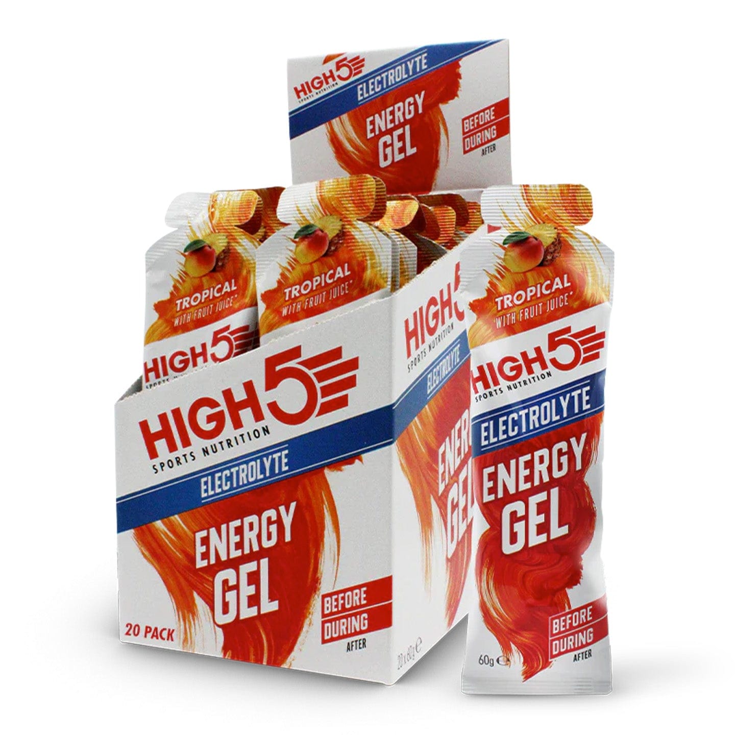 High5 Energy Gel with electrolytes in a squeeze packet, designed for quick energy boost during athletic activities.
