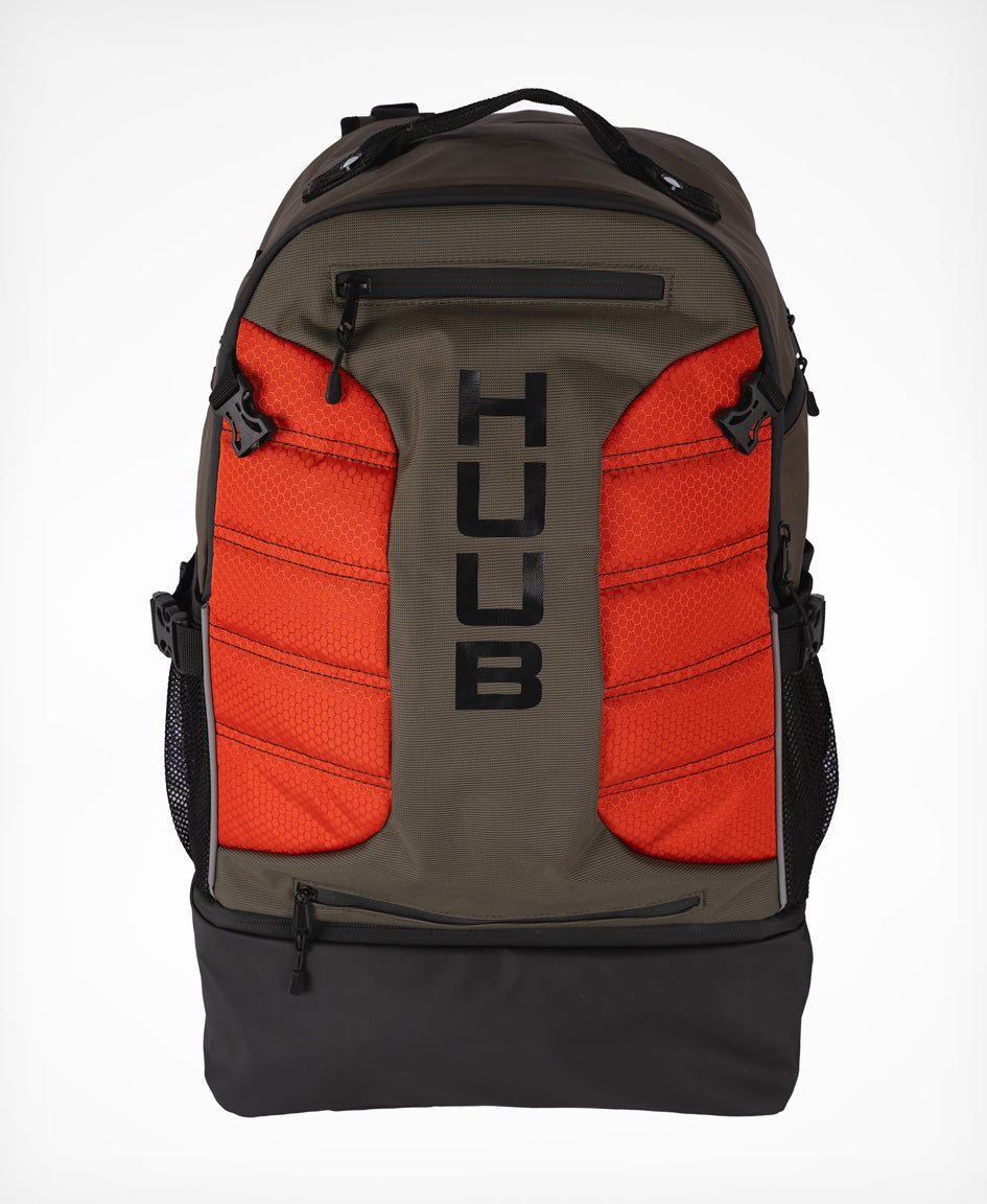 HUUB TT Bag – Transition Three, 40L rucksack, wet/dry, hidden helmet cradle, navy and olive/orange.