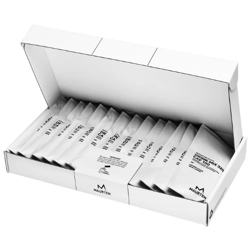 Maurten Drink Mix 320 Caf 100 packet showing the label, a sports nutrition supplement for endurance athletes.