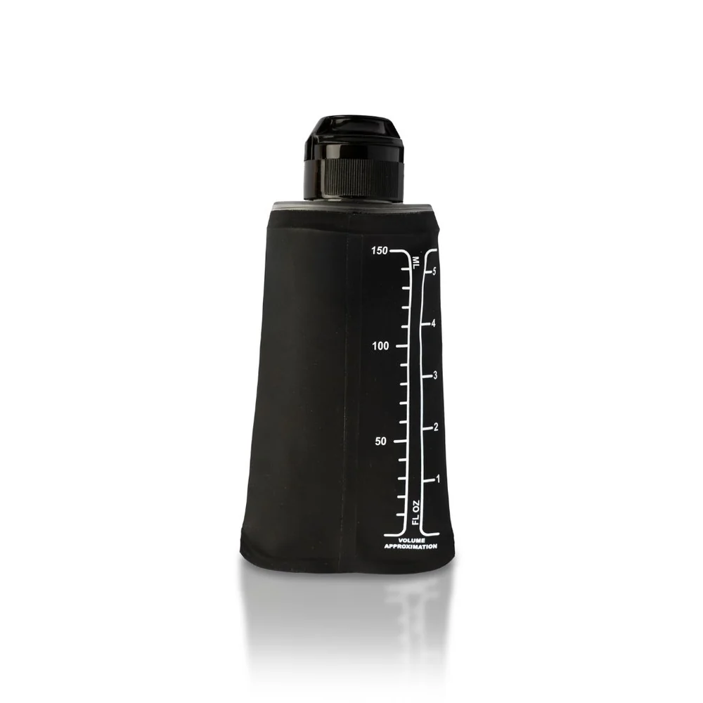 Nduranz gel flask with transparent body and screw-on cap, designed for storing and dispensing gel in a compact, portable container.