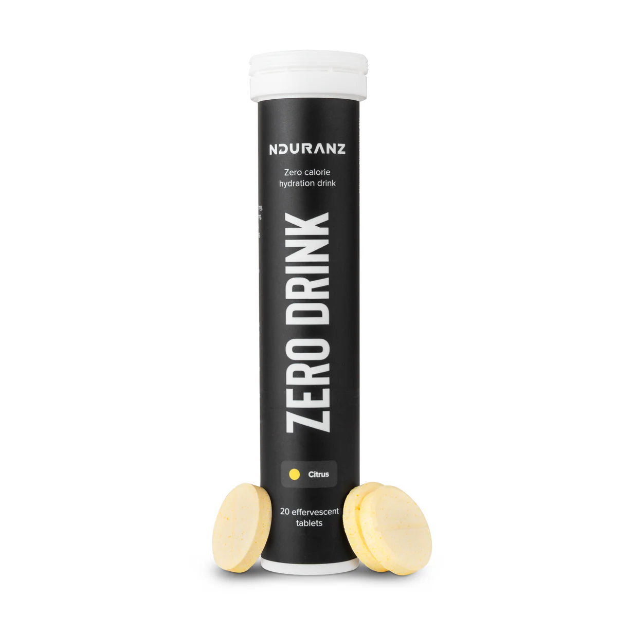 Nduranz Zero Drink electrolyte tablets in citrus flavor, single tube with several tablets visible, for hydration and electrolyte balance.