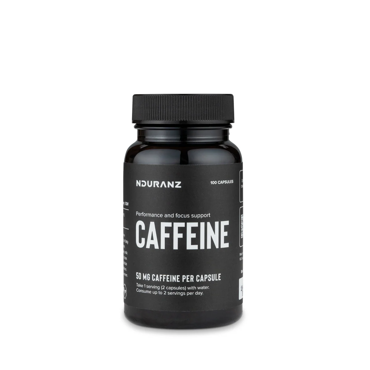 Nduranz caffeine capsules in a blister pack, showing small, round, brown dietary supplement capsules for energy boost.