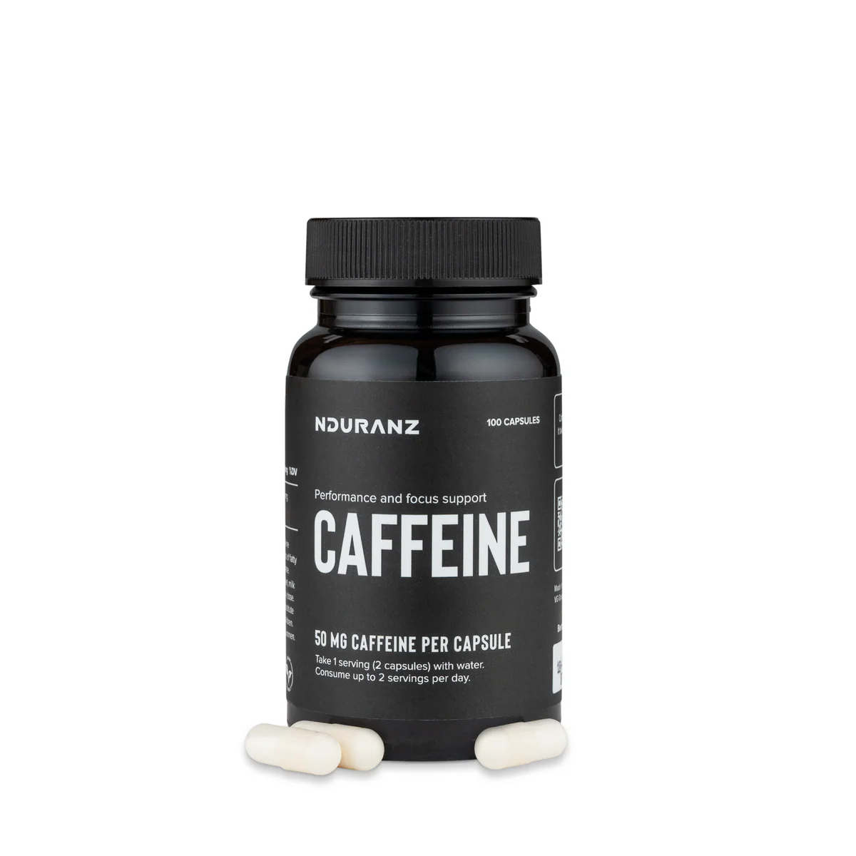 Nduranz caffeine capsules in a clear container showing small, brown caffeine pill capsules for energy boost.