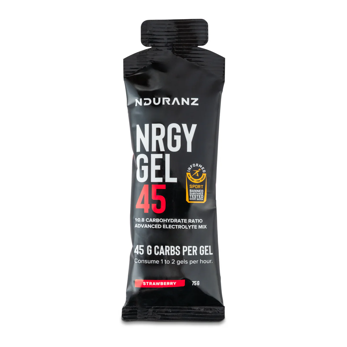 Nduranz Energy Gel 45 in a sleek, portable packet, designed for quick energy boost during sports or outdoor activities.