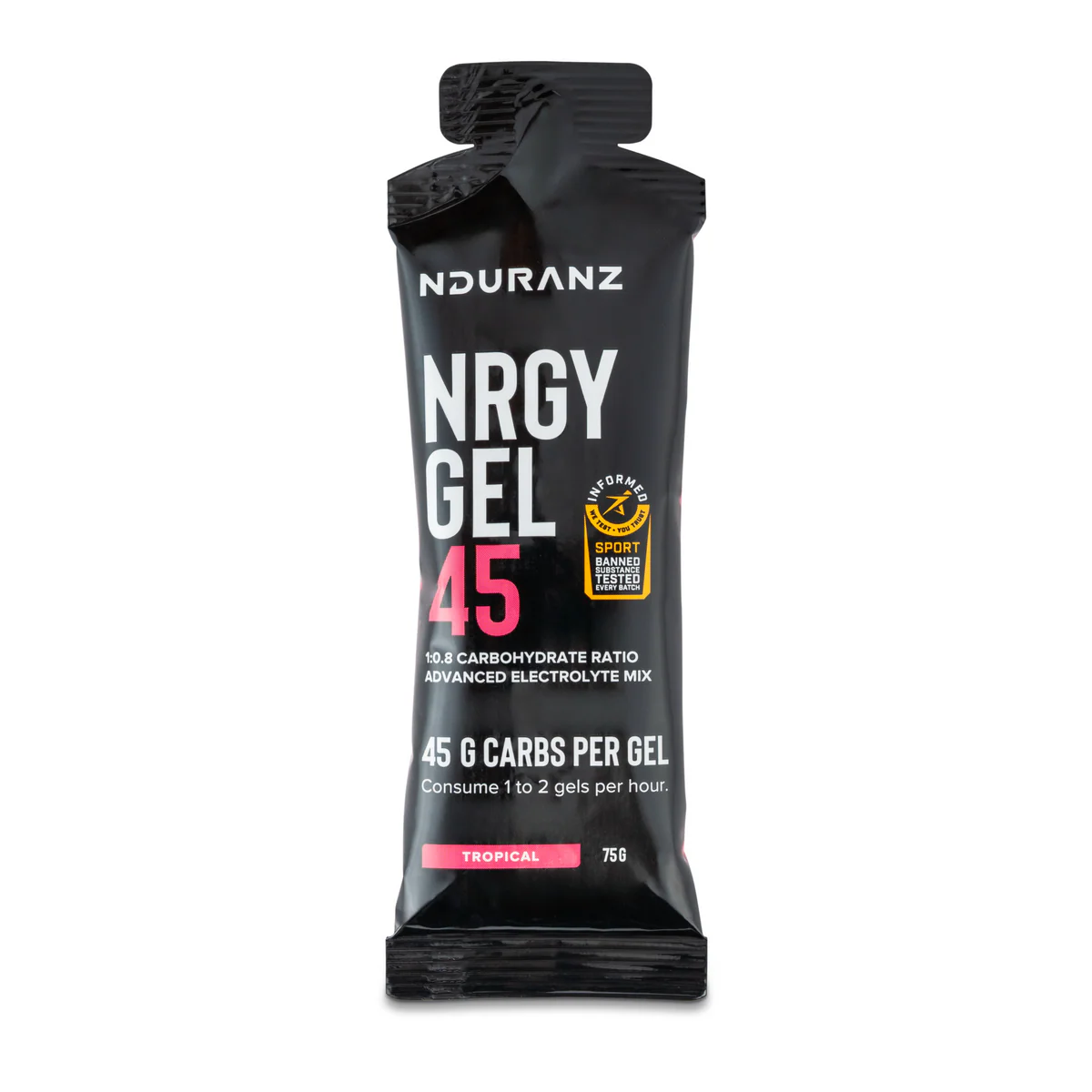 Nduranz Energy Gel 45 in a sleek, portable packet, designed for quick energy boost during sports or outdoor activities