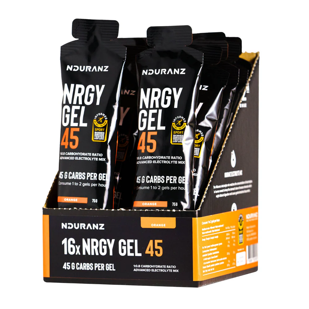 Nduranz Energy Gel 45 in a small pouch, designed for quick energy boost during sports or outdoor activities.