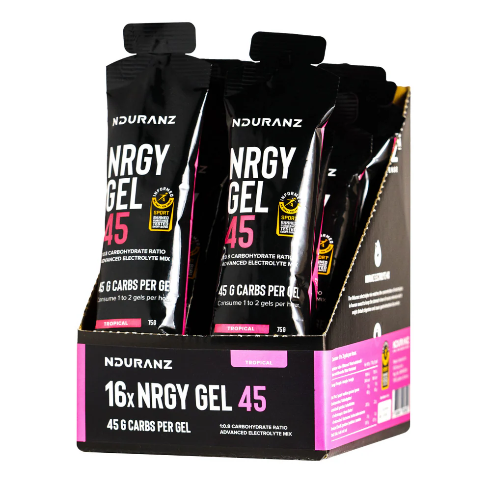 Nduranz Energy Gel 45 in a sleek packet, designed for quick carbohydrate energy boost during sports or outdoor activities.