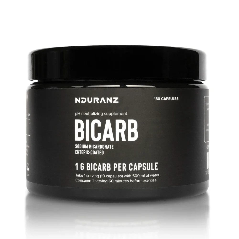 Enteric coated Bicarb supplement capsules by Nduranz, designed for digestive health, with a clear view of the supplement bottle and capsules.