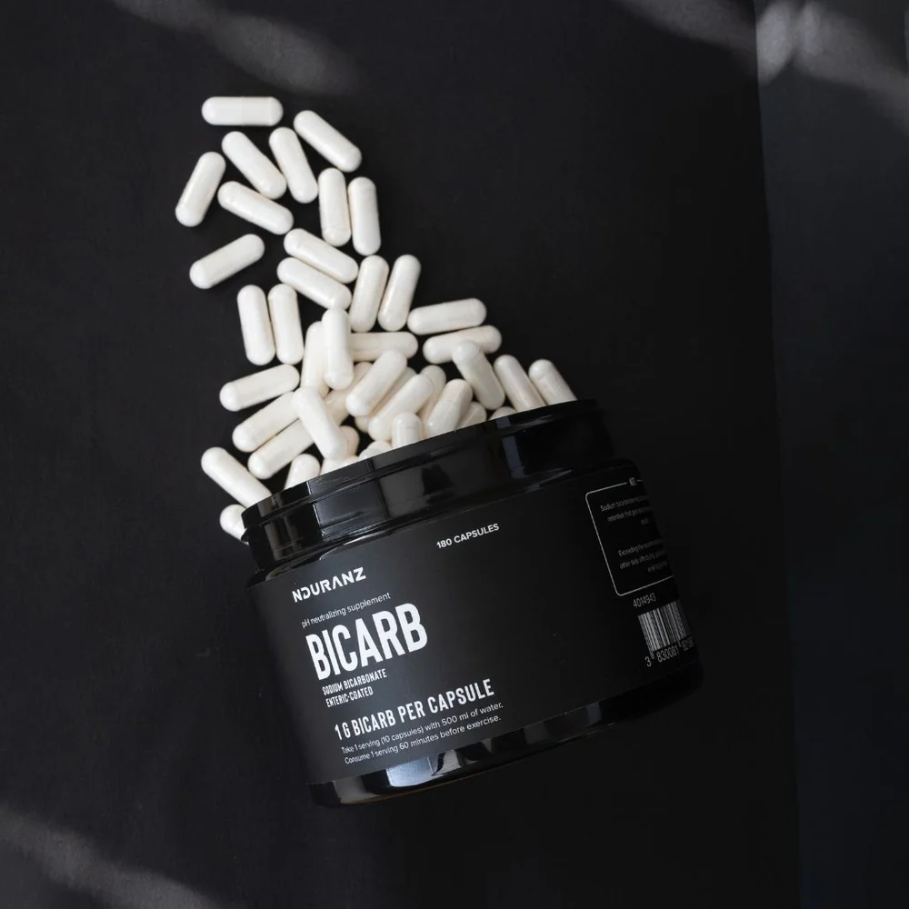 Nduranz Bicarb enteric coated dietary supplement capsules, shown in a blister pack with clear labeling and a white background.